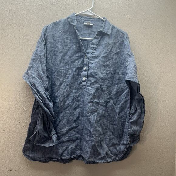 J. Jill Tops - Pure J. Jill Linen Pullover Button Front Henley Tunic Blouse Roll Tab Sleeves XS